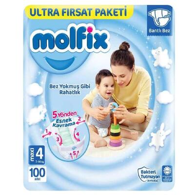 Molfix Bebek Bezi 3D 4 Beden Maxi 7-14 Kg 100lü Ultra Fırsat Paketi