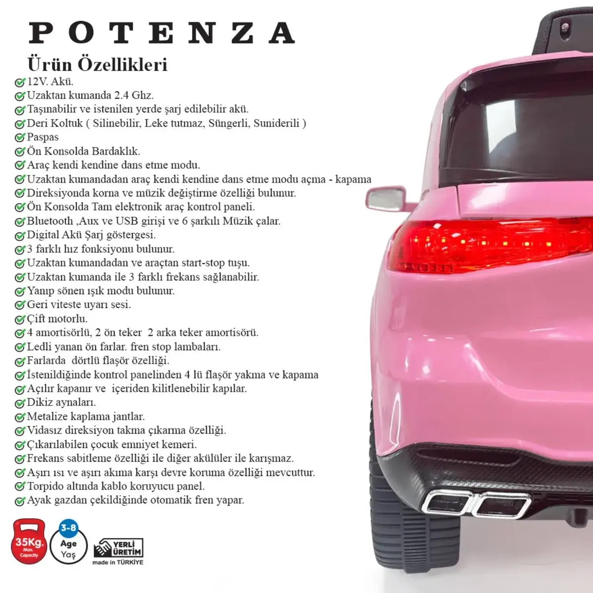 Potenza Akülü Araba Kumandalı 4*2 12 Volt Pembe
