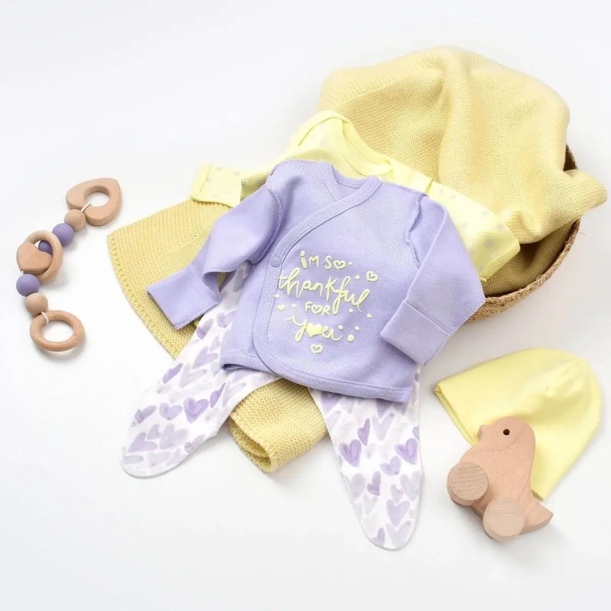 Bibaby Organik Zıbın Takımı Love You Yellow Lavender Prematüre