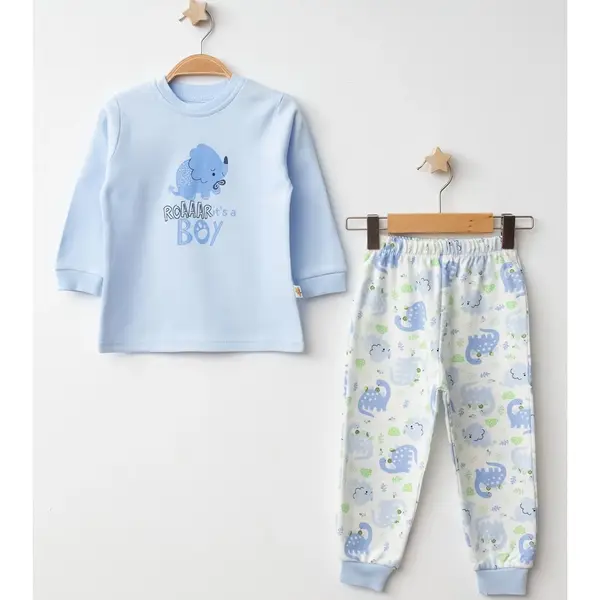 Mini Damla Pijama Takımı Penye Dinazor Emprime Mavi