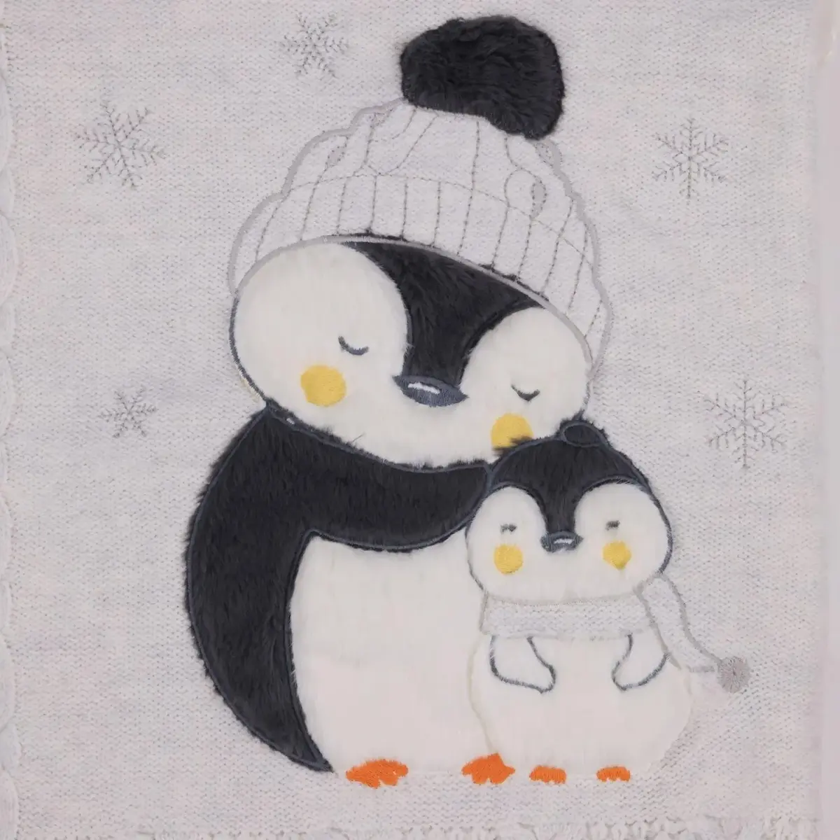 Mini Damla Battaniye Triko Penguen Nakışlı Gri