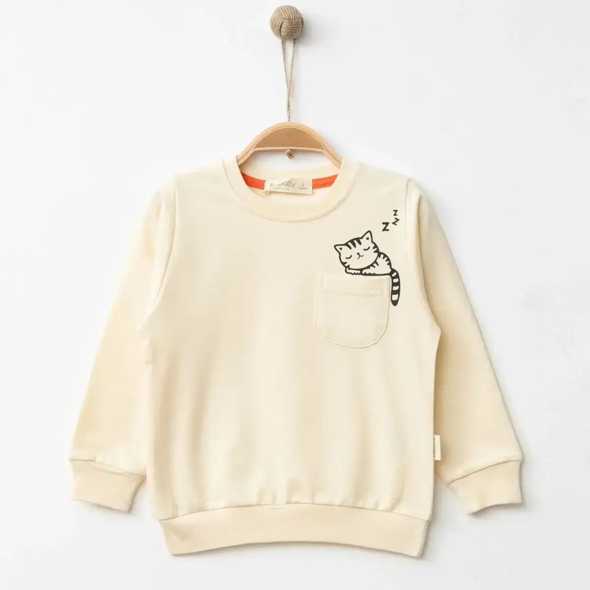 Bebolly Sweatshirt Uykucu Kedi Baskılı Bej