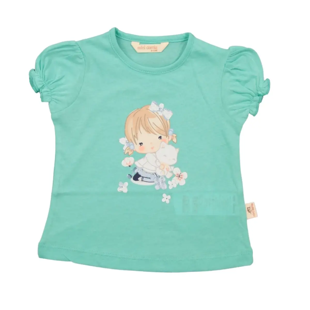 Mini Damla T-Shirt Kedili Kız Yeşil