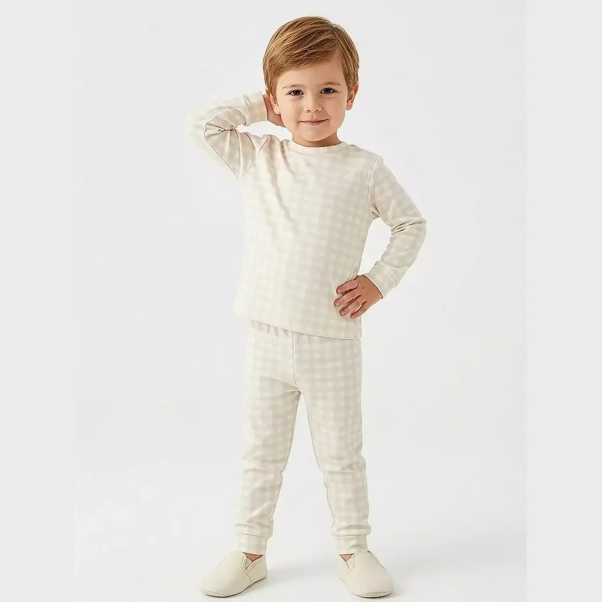 Ella Bonna Pijama Takımı Bej Ekose