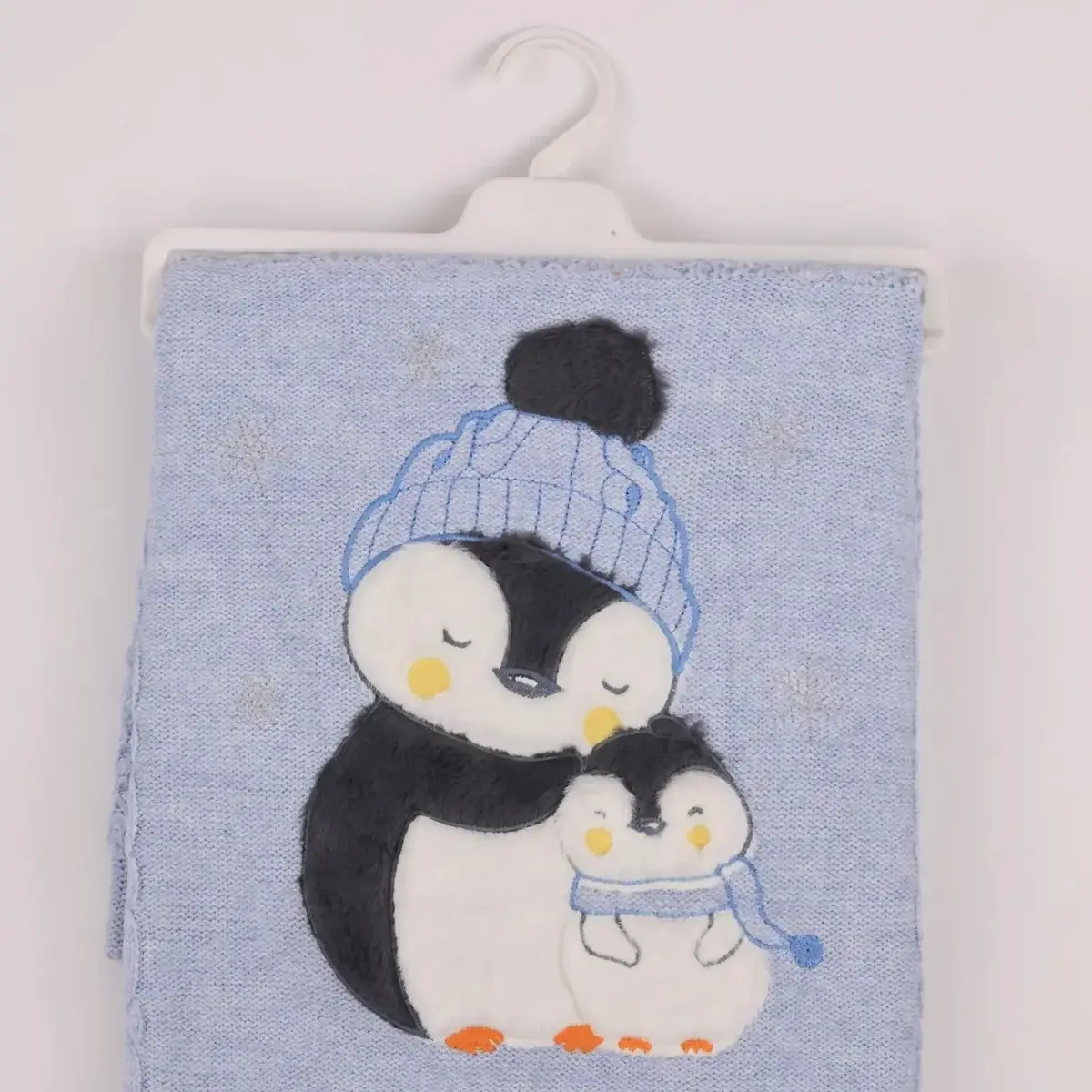 Mini Damla Battaniye Triko Penguen Nakışlı 80x100cm Mavi