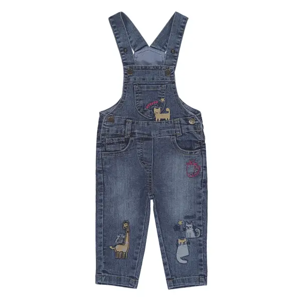 Overdo Salopet Kedi Nakışlı Mavi Denim