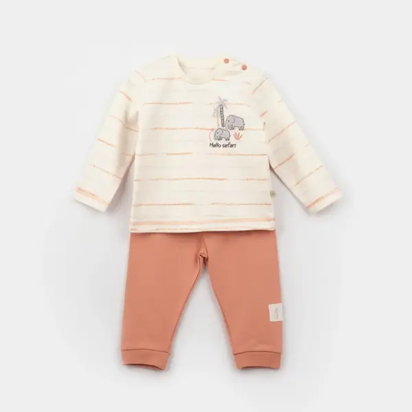 Bibaby Organik Pijama Takımı Hello Safari Ekru - Kiremit