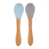 OiOi Silikon Mama Kaşığı 2li Bambu Saplı 9+ Ay Mineral Blue - Powder Grey