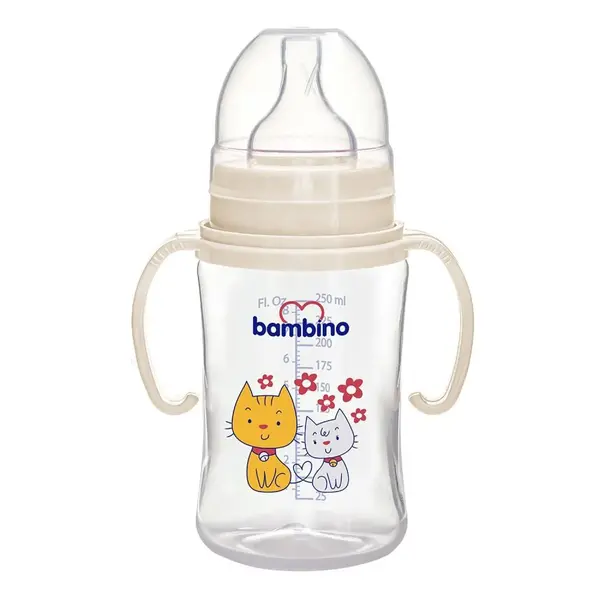Bambino Silikon Emzikli Geniş Ağızlı Kulplu PP Biberon 250 ml Kedi