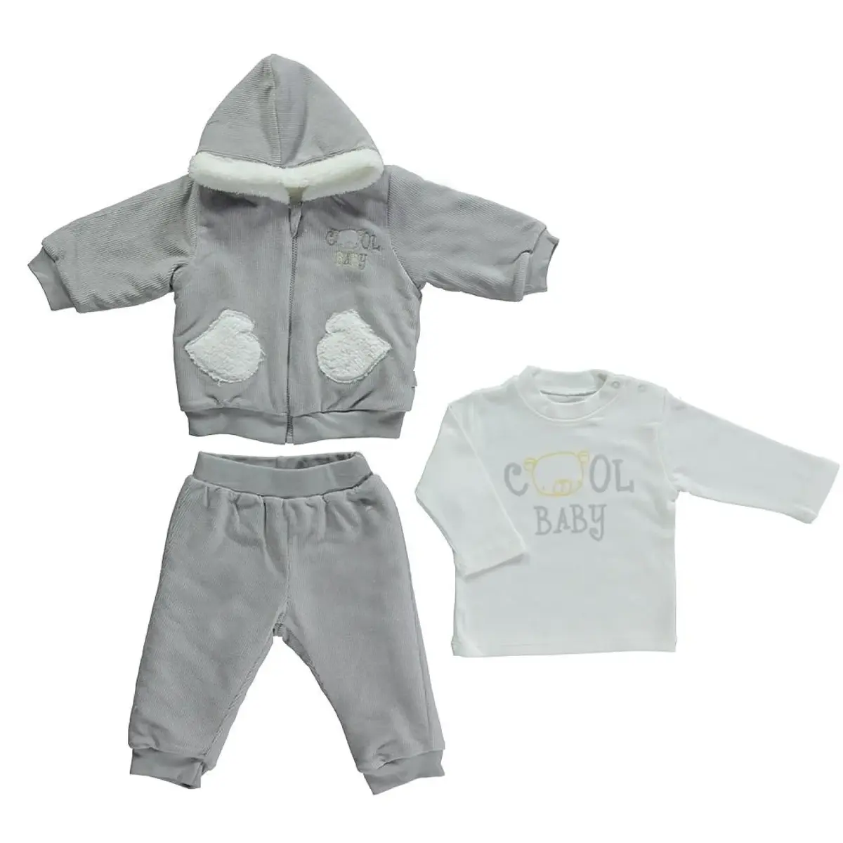 Bebetto 3lü Takım Hırkalı Kadife Cool Bear Gri Bebetto 3lü Takım Hırkalı Kadife Cool Bear Gri