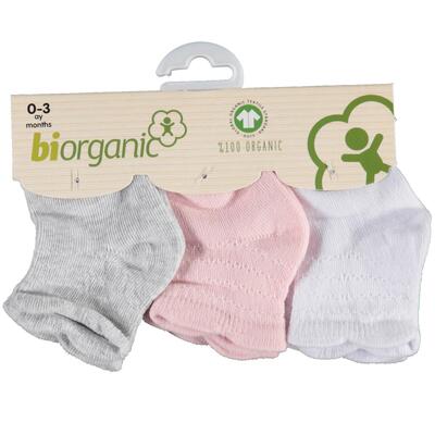 Bibaby Organik Çorap Soket 3lü Basic Desenli Beyaz - Pembe - Gri