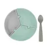 OiOi Puzzle Vakumlu Mama Tabağı + Nam Nam Mama Kaşığı River Green - Powder Grey