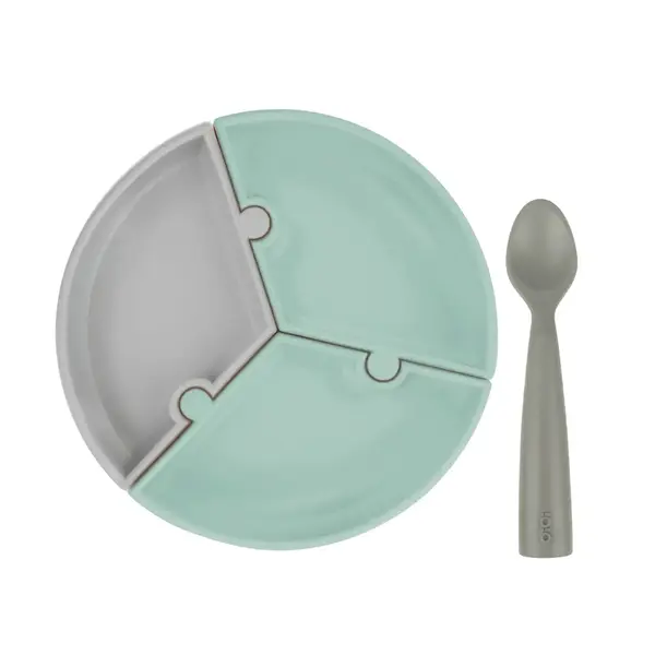 Oioi Puzzle Vakumlu Mama Tabağı+Nam Nam Mama Kaşığı River Green-Powder Grey