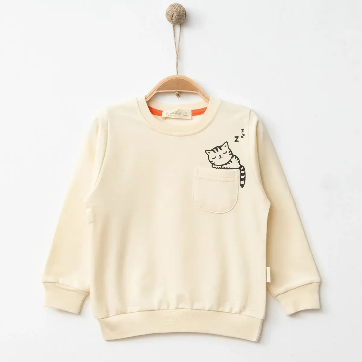 Hira Sweatshirt Uykucu Kedi Baskılı Bej