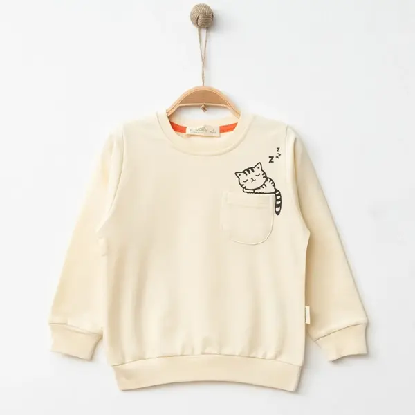 Hira Sweatshirt Uykucu Kedi Baskılı Bej