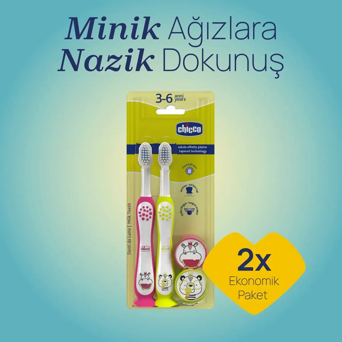 Chicco Diş Fırçası 3-6 Yaş Hippo-Panda 2'li