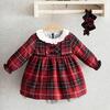 Miomini Elbise Saç Bantlı Yakası Dokuma Ekose Kadife Şeritli Kırmızı