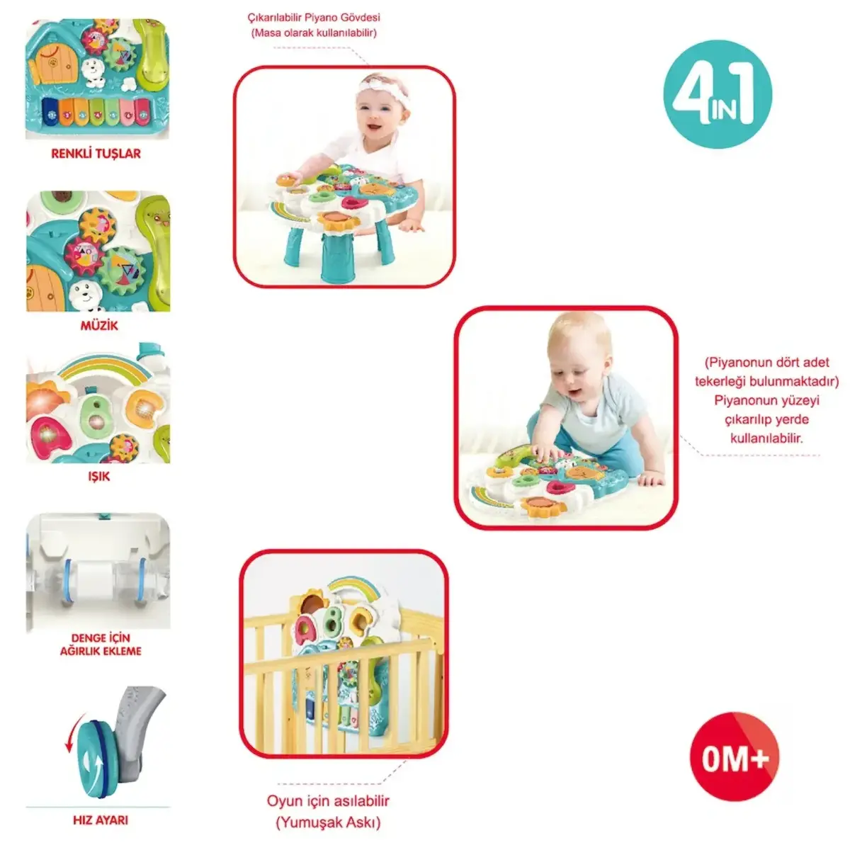Vardem Piyanolu 4in1 Turkuaz Bebek Yürüteci Pembe Renk