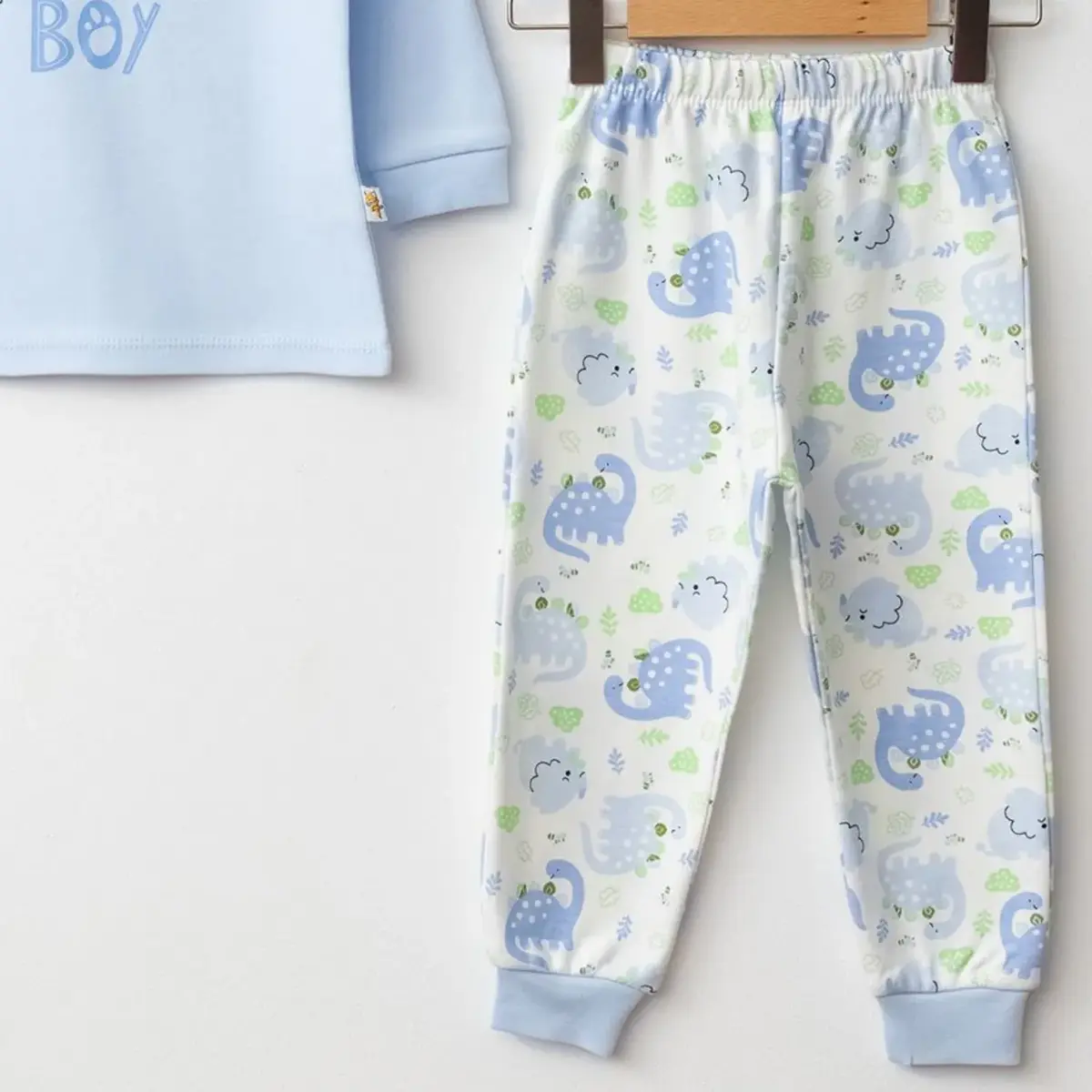 Mini Damla Pijama Takımı Penye Dinazor Emprime Mavi