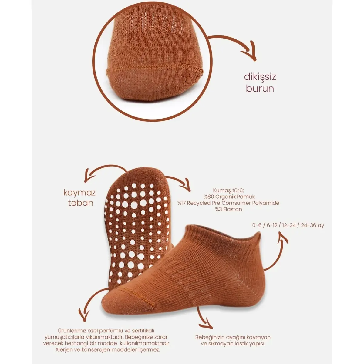 Bibaby Çorap Sneakers Bistyle 6lı Kaymaz Penye Toprak