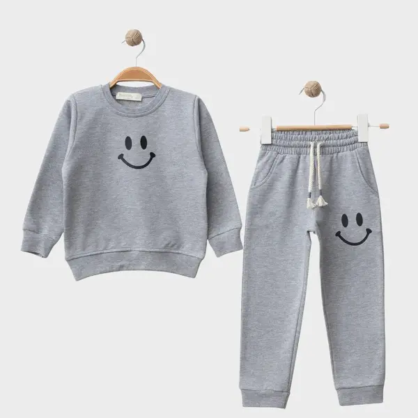 Bebolly 2li Takım Gülen Yüz Baskılı Gri