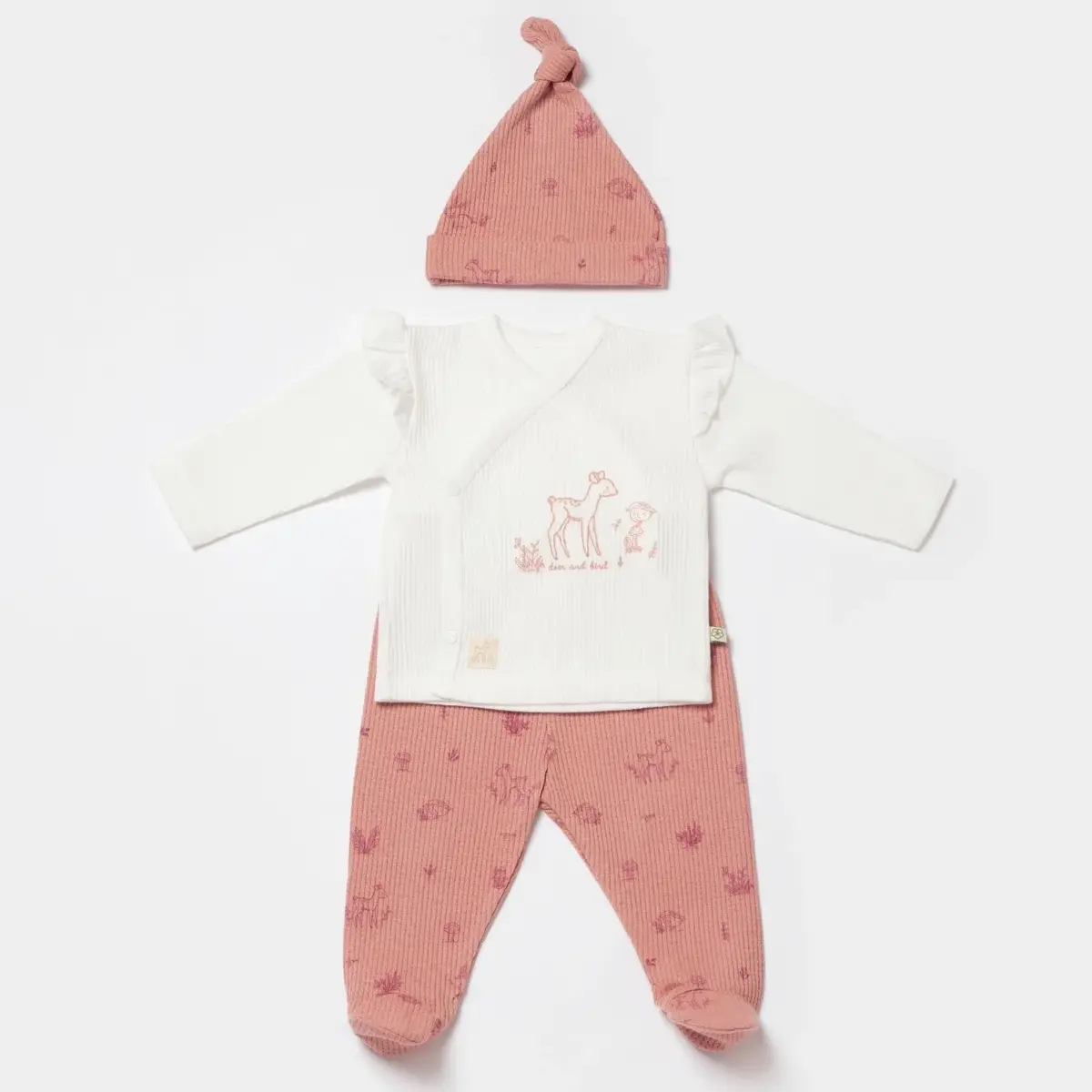 Bibaby Organik Zıbın Takımı 3lü Waffle Deer And Bird Ekru - Rose
