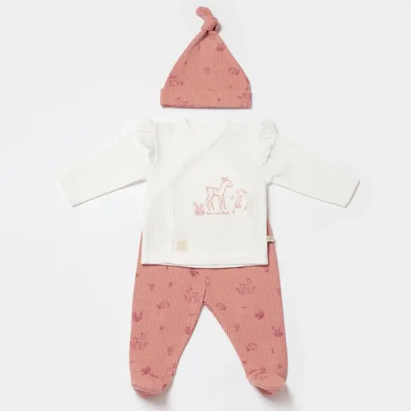 Bibaby Organik Zıbın Takımı 3lü Waffle Deer And Bird Ekru - Rose