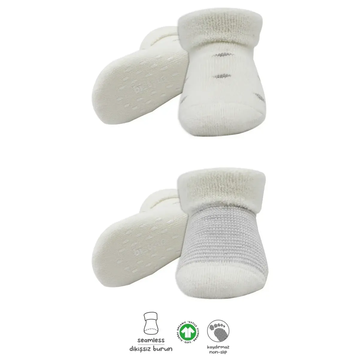 Bistyle Organik Çorap Soket Havlu 2li Kaymaz Çemberli Kıvrık Puanlı  Gri - Ekru