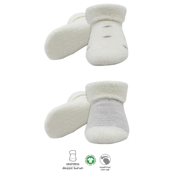 Bistyle Organik Çorap Soket Havlu 2li Kaymaz Çemberli Kıvrık Puanlı  Gri - Ekru