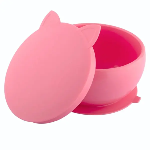 Pandish Kitten Vakum Tabanlı Kapaklı Silikon Kase Pembe