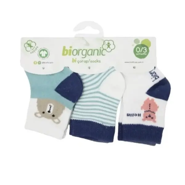 Bibaby Organik Çorap Soket 3lü Hello Teddy Bear Yeşil