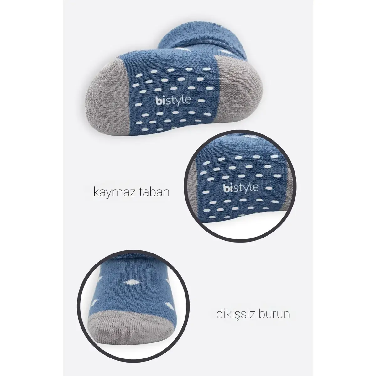 Bistyle Çorap Soket Havlu 2li Kaymaz Point Boy İndigo - Gri