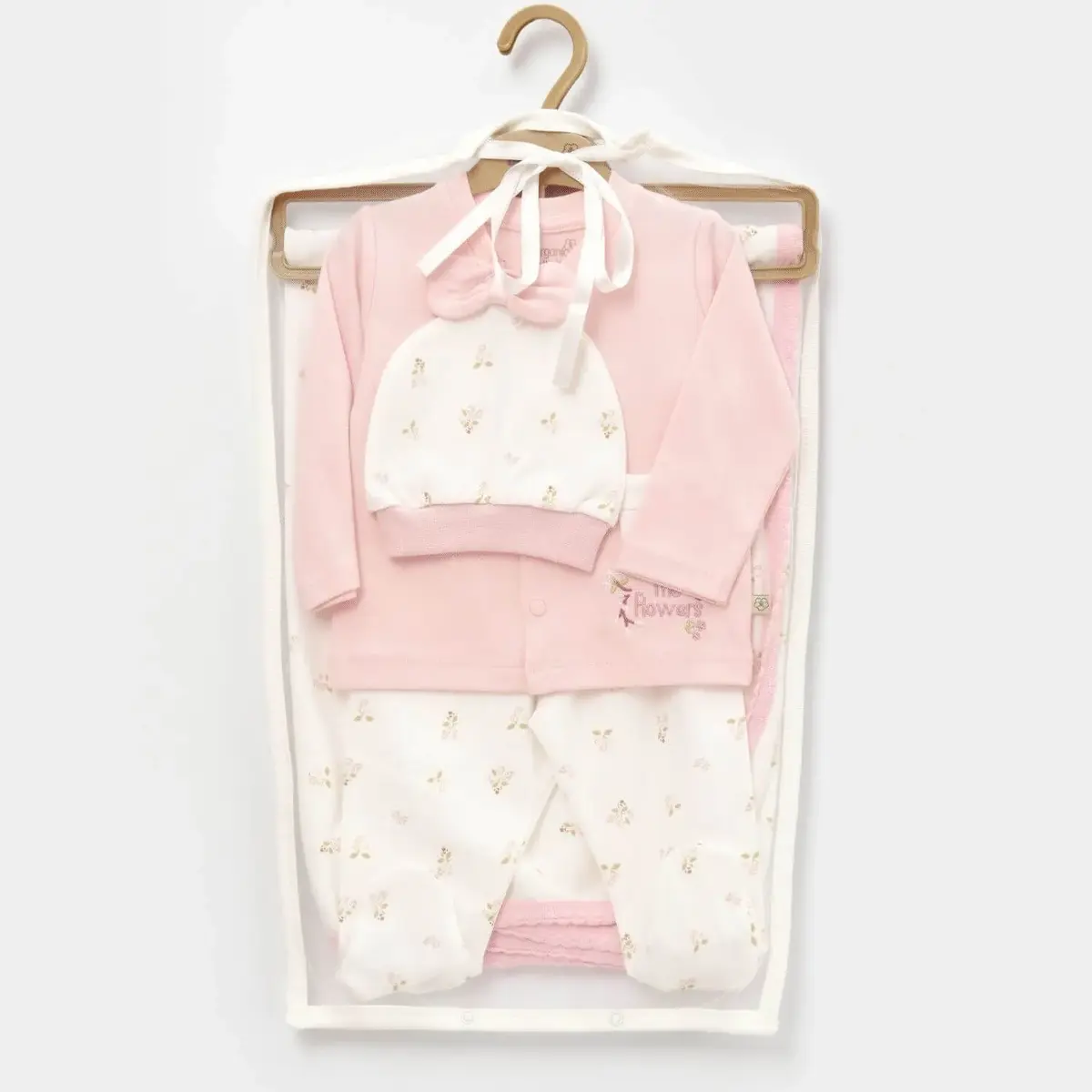 Bibaby Organik Zıbın Takımı Battaniyeli Tüllü The Flowers Ekru - Pembe