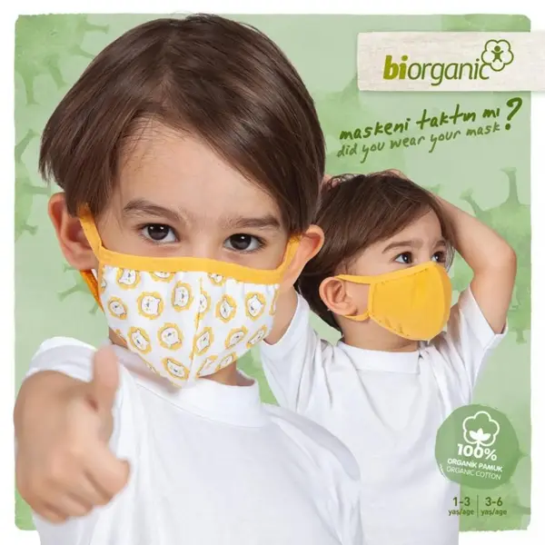 Bibaby Organik Maske 2li Aslanlı Beyaz - Hardal