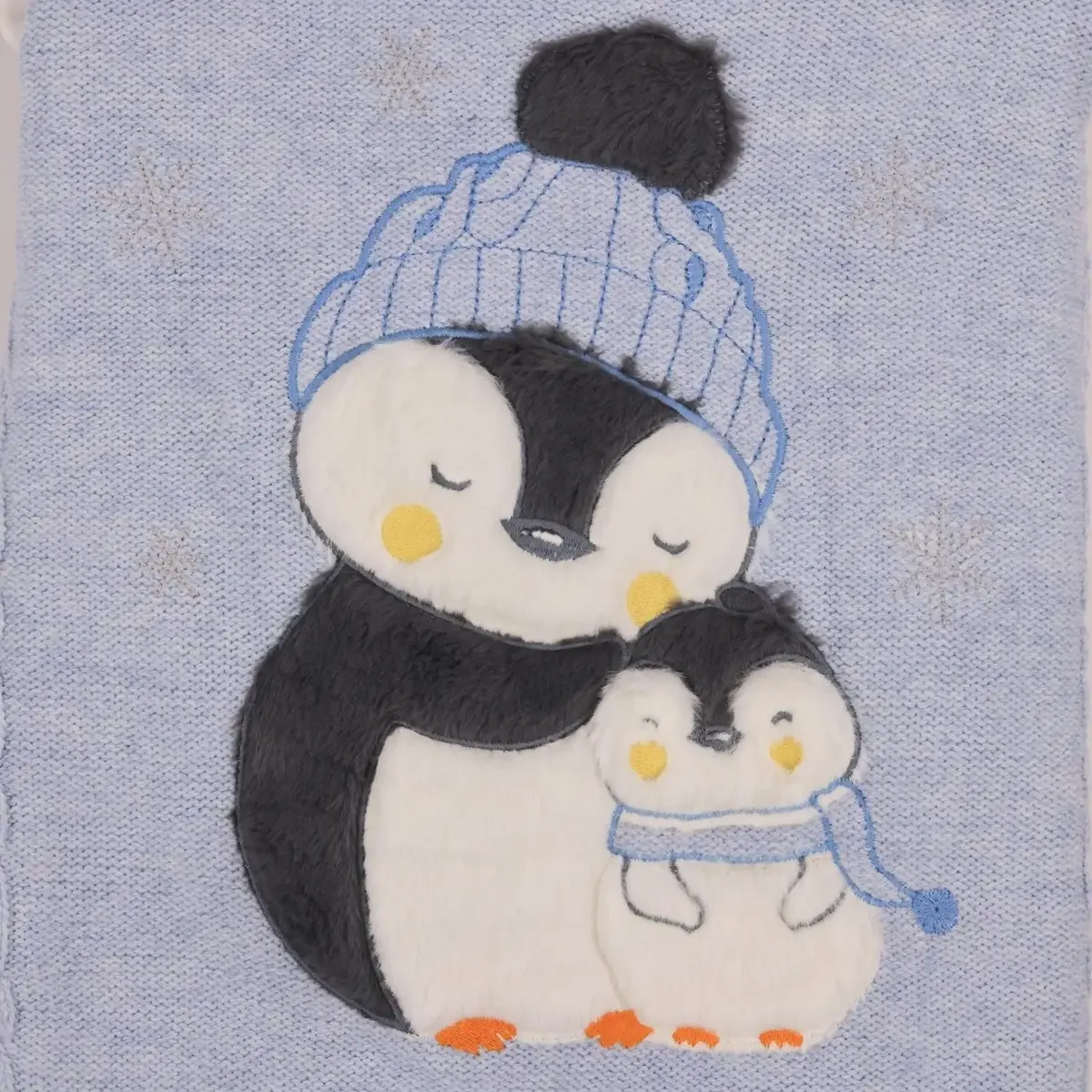 Mini Damla Battaniye Triko Penguen Nakışlı Mavi