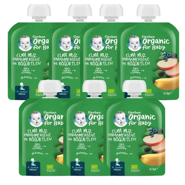 Gerber Organik Elmalı Muzlu Yabanmersinli Böğürtlenli Meyve Püresi 90 gr*7