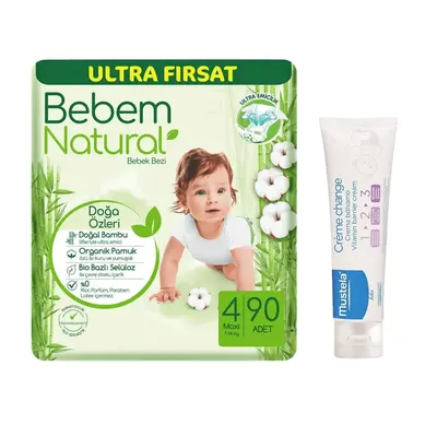 Bebem Natural Bebek Bezi 4 Beden Maxi 7-14 Kg 90lı Ultra Fırsat+Mustela Bebek Pişik Kremi 50 ml