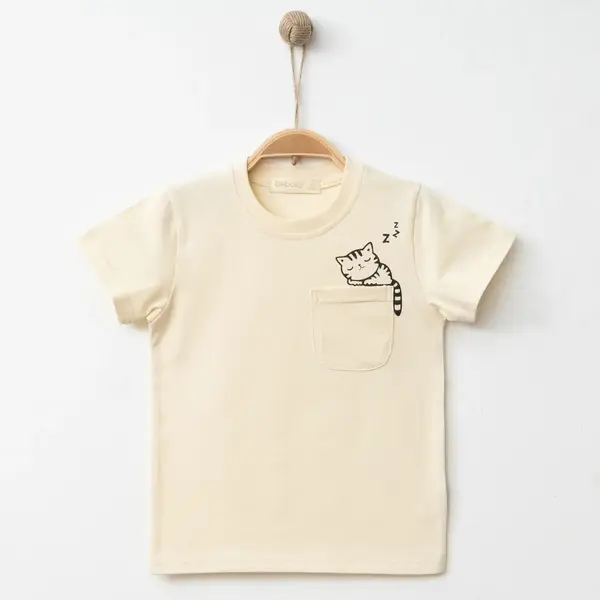 Hira T-Shirt Uykucu Kedi Baskılı Bej