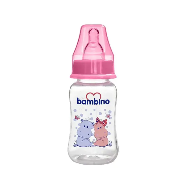 Bambino Silikon Emzikli Kavramalı PP Biberon 150 ml Pembe Hippopotam