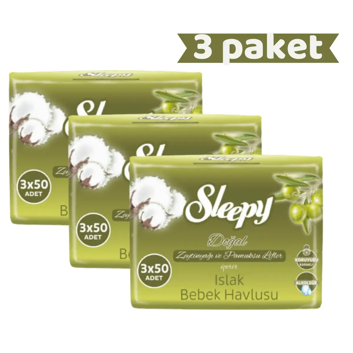 Sleepy Islak Mendil 3x50li Zeytinyağı ve Pamuk x3