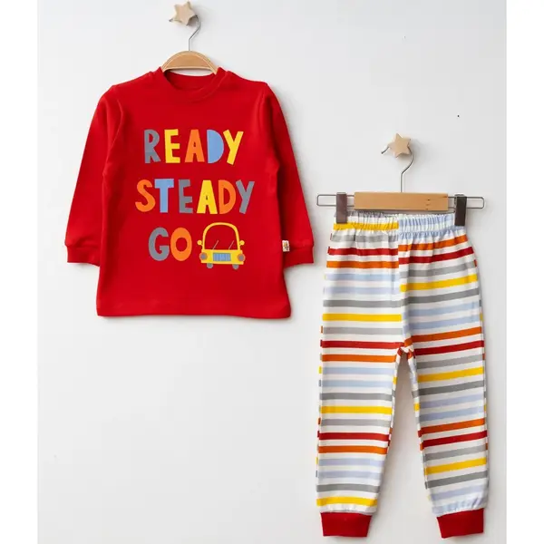 Mini Damla Pijama Takımı Penye Çizgili Kırmızı