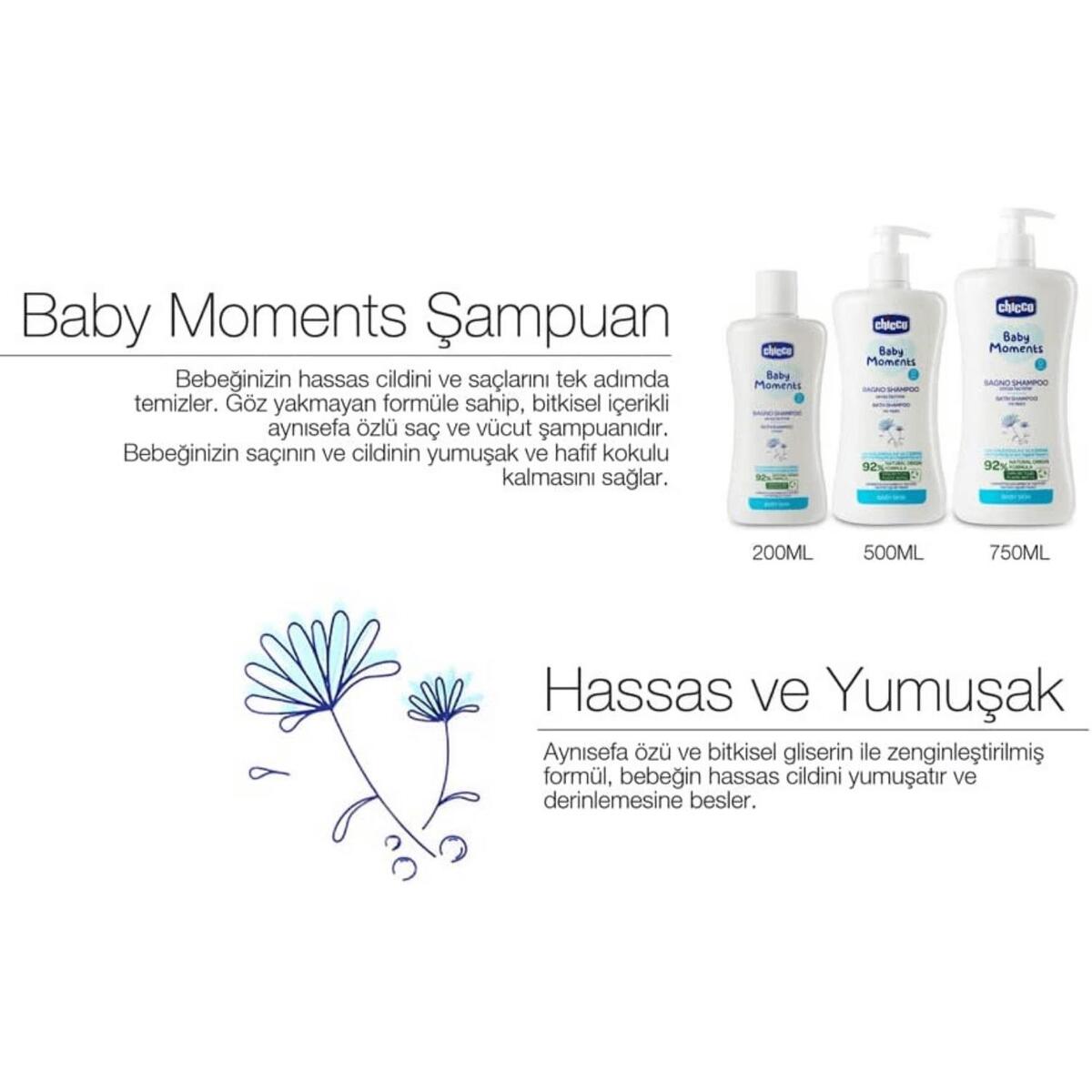 Chicco Baby Moments Doğal Göz Yakmayan Bebek Saç ve Vücut Şampuanı 750 ml x 3 Adet