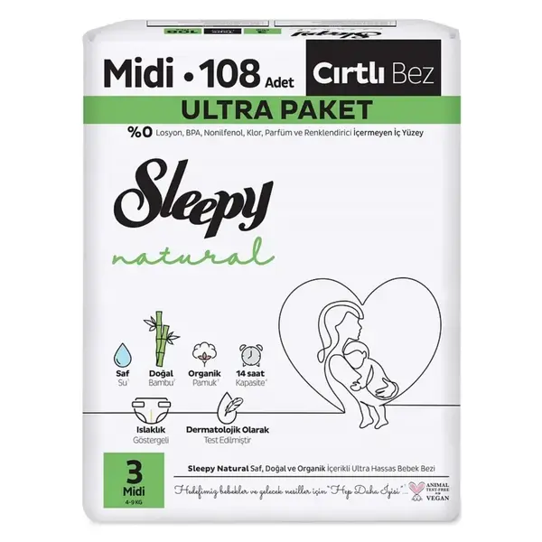 Sleepy Bebek Bezi Natural Midi 3 Numara 108li Ultra Fırsat Paket