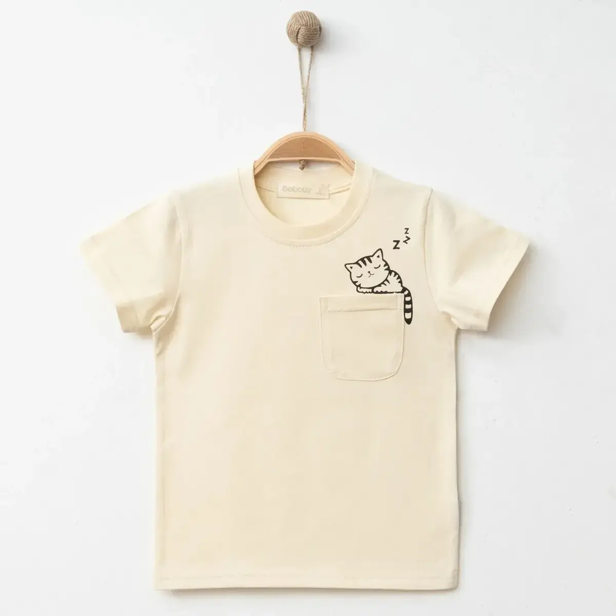 Bebolly T-Shirt Uykucu Kedi Baskılı Bej