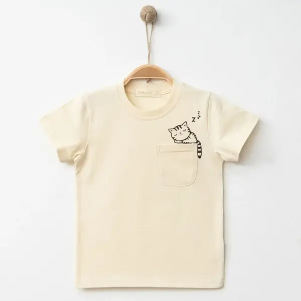 Bebolly T-Shirt Uykucu Kedi Baskılı Bej