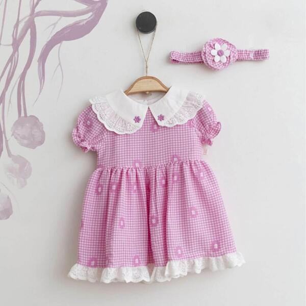 Mymio Elbise Bant Takım Çiçek Nakışlı Pembe