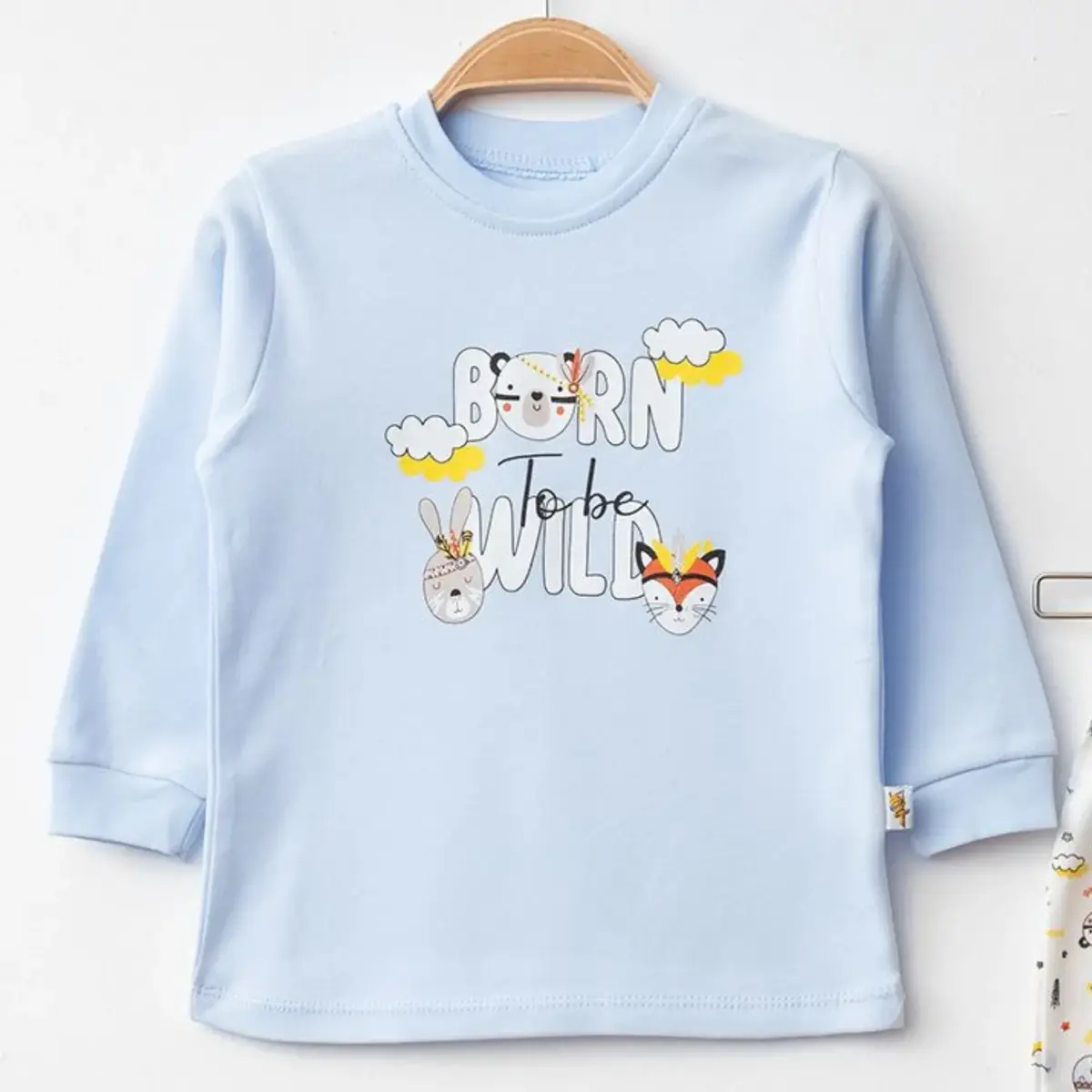 Mini Damla Pijama Takımı Penye Tilki Tavşan Emprime Mavi