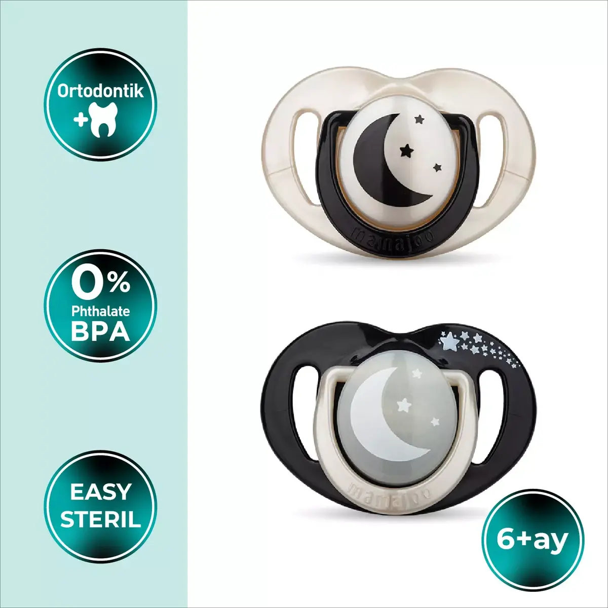 Mamajoo Silikon Emzik 2li Gece ve Gündüz & Sterilizasyon Saklama Kutusu 6+ Ay Black Pearl