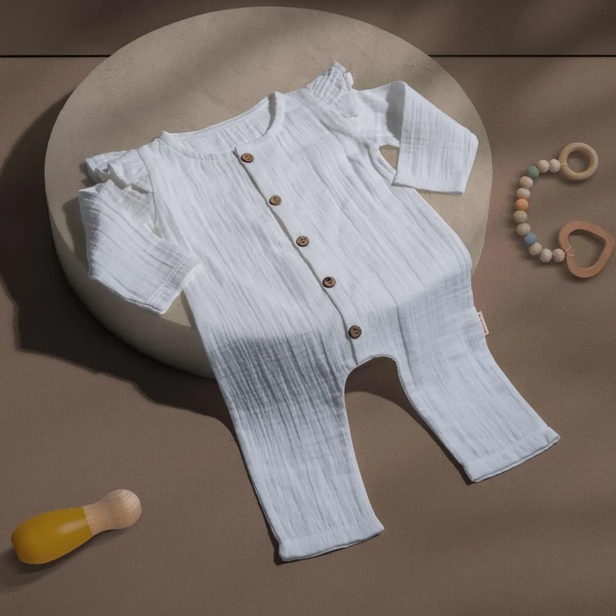 Tiffany Tulum Uzun Kol Fırfırlı Çift Kat Müslin Ekru Tiffany Tulum Uzun Kol Fırfırlı Çift Kat Müslin Ekru