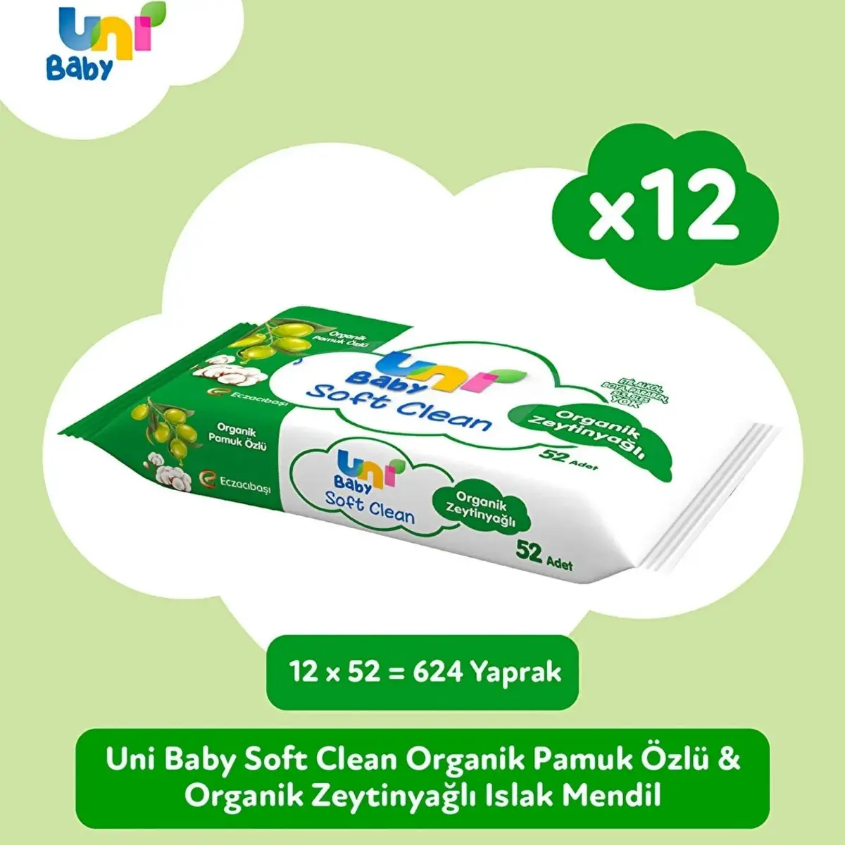 Uni Baby Soft Clean Organik Pamuk Özlü ve Organik Zeytinyağlı 12x52li